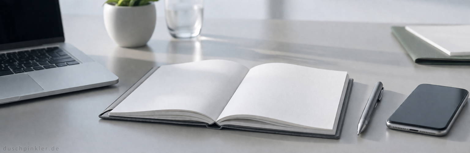 Aufgeräumter moderner Arbeitsplatz mit Notizbuch als Symbol für strukturierte Kommunikation